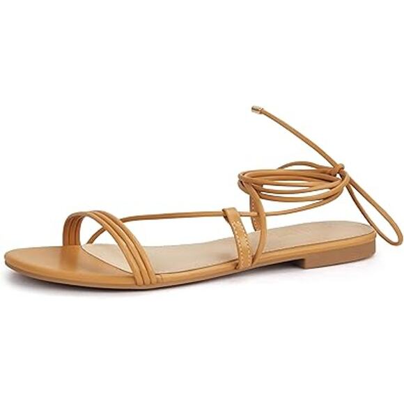 Party Womens Size 6 Tan Strappy Ankle Wrap Lace Up Open Toe Flat Sandal Shoes - Picture 1 of 7